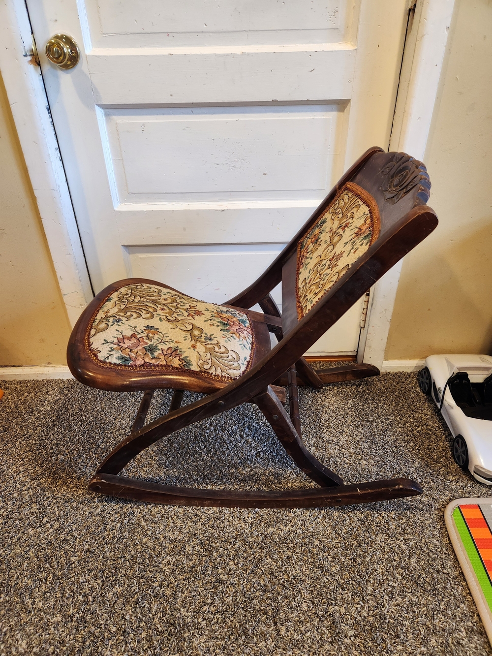 Antique Floral Upholstered Wooden Folding Rocking Chair - Brown - Picture 4 of 12